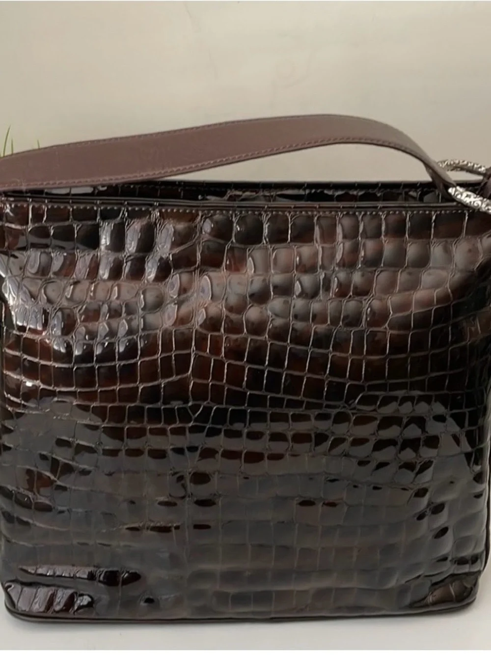 Brighton Croc- Embossed Glossed Dark Brown Large‎ Ring Leather Shoulder Tote Bag